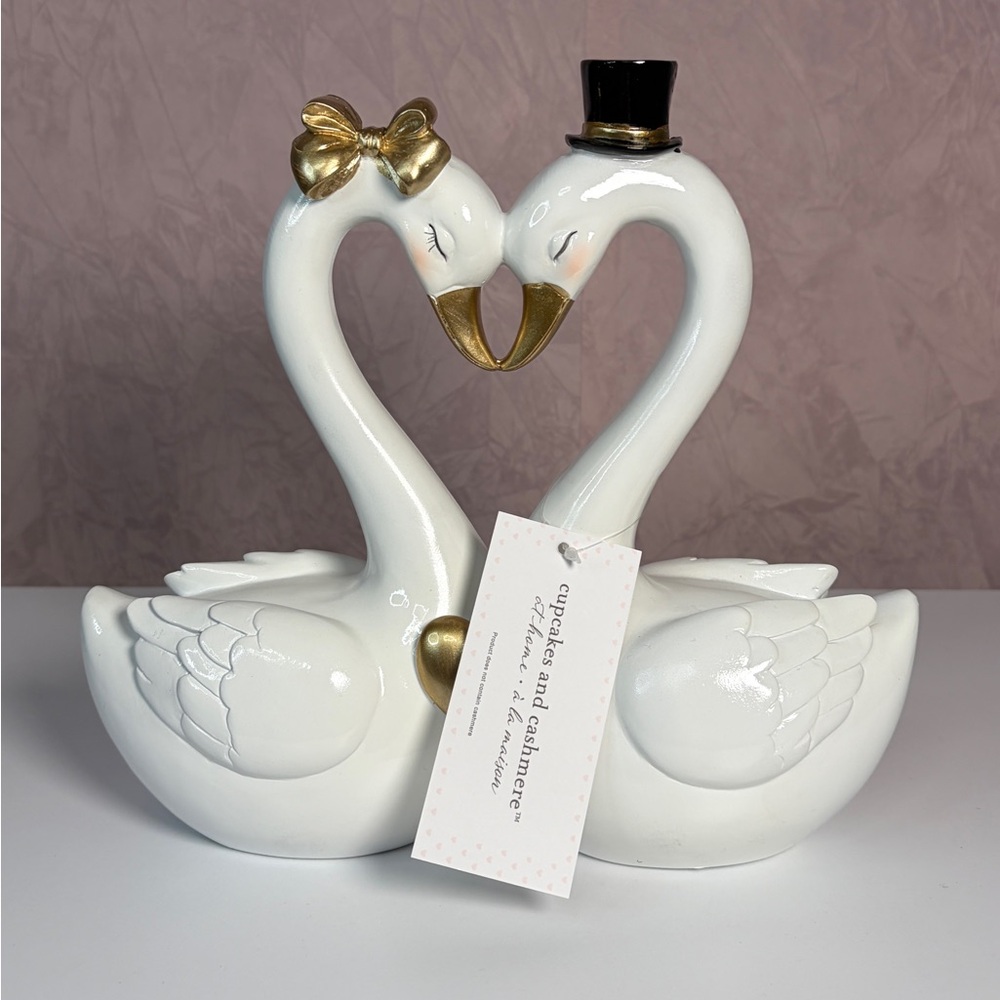 Cupcakes & Cashmere White and Gold Swan Couple Decor